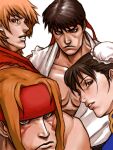  1girl 3boys alex_(street_fighter) bare_pectorals brown_eyes brown_hair chun-li closed_mouth commentary_request duplicate facial_mark hair_bun headband ken_masters lips looking_at_viewer multiple_boys orange_hair parted_lips pectorals pixel-perfect_duplicate red_headband ryu_(street_fighter) serious simple_background street_fighter street_fighter_iii_(series) takasugi_kou torn torn_clothes upper_body white_background 