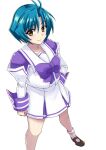  1girl antenna_hair bangs blush bow brown_eyes brown_footwear clenched_hand eyebrows_visible_through_hair hakuryou_high_school_uniform hand_on_hip juliet_sleeves long_sleeves minarai muvluv puffy_sleeves purple_bow school_uniform short_hair smile solo standing yoroi_mikoto 