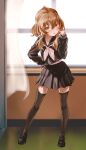  1girl aisaka_taiga akanbe backlighting black_serafuku blush boshi_(a-ieba) brown_eyes brown_hair contrapposto curtains hair_between_eyes hand_on_hip handkerchief highres loafers long_hair looking_at_viewer sailor_collar school_uniform serafuku shoes solo thigh-highs tongue tongue_out toradora! zettai_ryouiki 