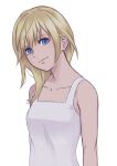  1girl bare_shoulders blonde_hair blue_eyes breasts closed_mouth collarbone dress highres kingdom_hearts kingdom_hearts_ii kusadori long_hair looking_at_viewer namine simple_background smile solo white_background white_dress 