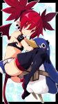  1girl bat_wings boots demon_girl demon_tail demon_wings disgaea disgaea_d2 earrings etna flat_chest highres iwashi_dorobou_-r- jewelry looking_at_viewer mini_wings navel pointy_ears prinny red_eyes red_wings redhead short_shorts shorts skull skull_earrings solo tail thigh-highs thigh_boots thighhighs_under_boots wings 