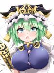  1girl arm_under_breasts blue_eyes blush breasts eyebrows_visible_through_hair face gold_trim green_hair hair_between_eyes hat highres holding holding_stick large_breasts looking_at_viewer open_mouth retoruto rod_of_remorse shiki_eiki short_hair simple_background solo stick touhou upper_body v-shaped_eyebrows white_background 