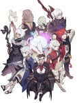  3girls 5boys ahoge alisaie_leveilleur alphinaud_leveilleur animal_ears armor avatar_(ffxiv) blue_eyes boots breastplate breasts byuub cat_ears cat_girl cat_tail choker commentary dress elezen elf english_commentary estinien_wyrmblood eyebrows_visible_through_hair eyes_visible_through_hair final_fantasy final_fantasy_xiv full_body g&#039;raha_tia gloves goggles goggles_on_head green_eyes grey_eyes grey_hair gun hair_between_eyes hair_over_one_eye highres holding holding_staff jacket long_sleeves looking_at_viewer medium_breasts miqo&#039;te multiple_boys multiple_girls paper parted_lips plate_armor pointy_ears polearm ponytail rabbit_ears rabbit_girl red_eyes redhead scarf short_hair shorts shoulder_armor shoulder_spikes simple_background sitting slit_pupils smile spikes staff standing tail teeth thancred_waters thigh-highs thigh_boots urianger_augurelt viera weapon white_background white_hair y&#039;shtola_rhul 