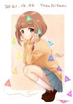  1girl absurdres bangs blunt_bangs blush brown_hair character_name dated eyebrows_visible_through_hair flag full_body hands_on_own_cheeks hands_on_own_face happy_birthday heel_up highres idolmaster idolmaster_cinderella_girls kitami_yuzu kudukimii looking_at_viewer outside_border pleated_skirt polka_dot polka_dot_background school_uniform short_hair skirt smile solo squatting sweater_vest two-tone_background yellow_sweater_vest 