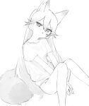  1girl :o alternate_costume animal_ear_fluff animal_ears bangs bare_legs between_legs blush bottomless casual closed_mouth extra_ears eyebrows_visible_through_hair eyes_visible_through_hair ezo_red_fox_(kemono_friends) feet_out_of_frame fox_ears fox_girl fox_tail from_side furrowed_brow greyscale groin hair_between_eyes hand_between_legs head_tilt highres kemono_friends knees_together_feet_apart knees_up kona_ming long_hair looking_at_viewer looking_to_the_side monochrome no_nose own_hands_together parted_lips shirt short_sleeves simple_background sitting sketch solo t-shirt tail tsurime v-shaped_eyebrows v_arms very_long_hair white_background 