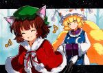  2girls animal_ears blonde_hair blue_tabard brown_hair chen dress fox_ears green_headwear hat mob_cap multiple_girls musical_note pillow_hat qqqrinkappp red_dress short_hair snow tabard touhou traditional_media white_dress winter_clothes yakumo_ran yellow_eyes 