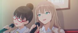  2girls :d bangs black_hair brown_hair collared_shirt dress_shirt eyebrows_visible_through_hair glasses green_eyes gridman_universe hair_bun highres holding holding_microphone long_hair mei_(dynazenon) microphone mikazuchi_zeus minami_yume multiple_girls portrait red-framed_eyewear shirt smile ssss.dynazenon sweater_vest white_shirt 