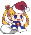  1girl :d bishoujo_senshi_sailor_moon blonde_hair blue_capelet blue_coat blue_eyes blush_stickers capelet christmas coat commentary fur-trimmed_capelet fur_trim hat holding holding_sack long_hair long_sleeves lowres meme open_mouth padoru_(meme) red_headwear sack sailor_moon santa_hat simple_background smile solo standing tifa-amakura tongue twintails twitter_username white_background 