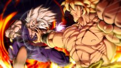  absurdres black_background broly_(dragon_ball_super) clenched_hand dougi dragon_ball dragon_ball_super dragon_ball_super_broly dragon_ball_super_super_hero fire gohan_beast goketerhc green_hair grey_hair highres legendary_super_saiyan long_hair medium_hair muscular muscular_male pants purple_pants purple_shirt red_sash sash scar scar_on_chest scar_on_face shirt son_gohan spiky_hair super_saiyan topless_male twitter_username 