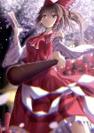  1girl bangs blurry blurry_background bow brown_eyes brown_hair chromatic_aberration detached_sleeves eyebrows_visible_through_hair gohei hair_bow hair_tubes hakurei_reimu highres holding lantern looking_at_viewer medium_hair nontraditional_miko ofuda open_mouth red_bow red_shirt red_skirt reijing_etrn ribbon-trimmed_sleeves ribbon_trim shide shirt skirt solo touhou wide_sleeves 