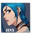  1girl absurdres arcane:_league_of_legends asymmetrical_bangs bangs black_eyes blue_hair brown_background brown_choker bu_ruo1996_(caricaturist) character_name choker cloud_tattoo commentary_request face from_side highres jinx_(league_of_legends) league_of_legends long_hair looking_at_viewer neck_tattoo red_lips shiny shiny_hair shoulder_tattoo sideways_glance simple_background tattoo teeth white_background 