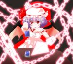  1girl bat_wings card_deck dress hat light_purple_hair mob_cap nail pink_dress pov puffy_short_sleeves puffy_sleeves purple_hair red_chair red_eyes remilia_scarlet short_sleeves spell_card ta_299 touhou wings wrist_cuffs 