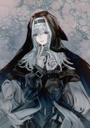  1girl absurdres air_bubble arknights ascot belt belt_buckle black_belt black_dress black_hat black_nails brokeninkballpointpen bubble buckle capelet chromatic_aberration clothing_cutout coif dress garter_straps grey_ascot grey_capelet grey_hair hat highres holding_pendant jewelry long_hair long_sleeves nail_polish necklace nun pendant pink_lips pointy_hat red_eyes shoulder_strap simple_background solo specter_(arknights) thigh_cutout two-sided_fabric two-sided_headwear underwater very_long_hair 