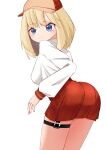  1girl ass blonde_hair blue_eyes breasts detective hat highres hololive hololive_english looking_back shirt short_hair simple_background skaarl_(artist) skirt solo thighs virtual_youtuber watson_amelia white_background white_shirt 