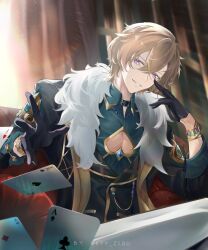  1boy ace_(playing_card) aventurine_(honkai:_star_rail) belt_collar black_gloves blonde_hair bracelet card card_throwing cleavage_cutout clothing_cutout collar double-parted_bangs gloves green_shirt hair_between_eyes half_gloves heart_cutout honkai:_star_rail honkai_(series) jacket jewelry kyy_zeru male_focus pants parted_lips pectoral_cleavage pectorals pelt playing_card shirt sitting sleeves_rolled_up solo suit_jacket violet_eyes white_pants 