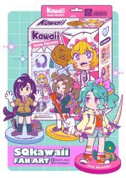  4girls absurdres aerith_gainsborough animal_hood aqua_hair aqua_shorts bag black_hair black_jacket black_skirt black_socks blonde_hair blush_stickers boots border breasts brown_boots brown_cardigan brown_eyes brown_hair buster_sword cardigan cat_hood character_name closed_mouth collared_shirt dated fang final_fantasy final_fantasy_ii final_fantasy_v final_fantasy_vi final_fantasy_vii flower full_body gloves gradient_background green_eyes hair_bobbles hair_ornament hair_ribbon hands_up headphones highres holding holding_staff holding_sword holding_umbrella holding_weapon hood hood_down hood_up hoodie jacket lenna_charlotte_tycoon lily_(flower) loafers long_hair low-tied_long_hair male_focus maria_(ff2) medium_breasts miri_(mirik) moogle multiple_girls nail_polish necktie official_alternate_costume one_eye_closed open_mouth parted_bangs pink_hair pink_nails pink_ribbon pleated_skirt ponytail purple_hair red_necktie red_shirt red_shoes ribbon sabotender school_uniform shirt shoes shorts shoulder_bag sidelocks skirt smile sneakers socks staff stuffed_animal stuffed_toy suit_jacket sword terra_branford tifa_lockhart tonberry twitter_username umbrella violet_eyes weapon white_border white_gloves white_mage_(final_fantasy) white_shirt white_socks yellow_flower yellow_hoodie 