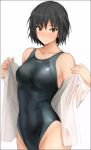  1girl amagami black_eyes black_hair black_swimsuit bob_cut breasts collarbone competition_swimsuit cowboy_shot dress_shirt highres medium_breasts mobu nanasaki_ai one-piece_swimsuit open_clothes shirt short_hair simple_background solo swimsuit white_background white_shirt 