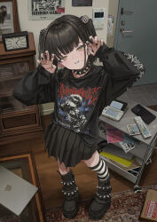  1girl absurdres apple_inc. banknote black_boots black_collar black_hair black_hoodie black_nails black_shirt black_skirt boots box cellphone clock clothes_writing collar computer door doorknob drawer ear_piercing earrings fragile_symbol full_body gishiki_(gshk) grin handheld_game_console hands_up highres hood hoodie horizontal-striped_socks intercom jewelry laptop looking_at_viewer macintosh medium_hair money nintendo nintendo_3ds original paw_pose pentagram phone piercing poster_(object) rug shirt single_sock skirt small_sweatdrop smartphone smile socks solo spiked_collar spikes standing striped_clothes striped_socks tanaka_kyouko teeth two_side_up wide_sleeves yellow_eyes 