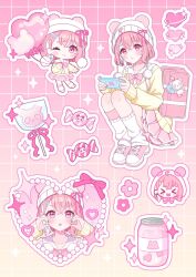  &gt;_&lt; 1girl :o ahoge animal_ears animal_hat bag bag_charm balloon beanie bear_ears bear_hat blush bow bow_earrings bowtie can candy cellphone charm_(object) chibi closed_mouth collarbone collared_shirt commentary crossed_bangs drink_can earrings eyelashes fake_animal_ears fang fang_out fingernails flower_symbol food frilled_shirt_collar frills gradient_background grid_background hair_between_eyes hair_ornament hairclip hands_up hat hat_ribbon heart heart_balloon heart_hair_ornament highres holding holding_balloon holding_phone jewelry leg_warmers lollipop long_sleeves looking_at_viewer miniskirt mole mole_under_eye multicolored_hair multicolored_shoes multiple_views nail_polish nijisanji one_eye_closed open_mouth outline parted_bangs phone pink_background pink_bag pink_bow pink_bowtie pink_eyes pink_hair pink_nails pink_ribbon pink_shoes pink_skirt pleated_skirt pom_pom_(clothes) ponigiri12 ribbon sasaki_saku school_bag school_uniform shirt shoes short_eyebrows short_hair single_earring skirt sleeves_past_wrists smartphone smile sparkle squatting streaked_hair sweater symbol-only_commentary two-tone_shoes virtual_youtuber white_hair white_hat white_leg_warmers white_outline white_shirt white_shoes yellow_background yellow_sweater 