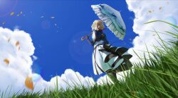  1girl black_gloves blonde_hair braid braided_bun clouds dress from_below gloves grass hair_bun highres long_hair original sky standing umbrella violet_evergarden violet_evergarden_(series) waligner 