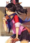  1girl ace_attorney ace_attorney_investigations ace_attorney_investigations:_miles_edgeworth bangs black_hair bright_pupils brown_hair cowboy_shot gloves green_eyes grin hankuri high_ponytail kay_faraday looking_at_viewer one_eye_closed pleated_skirt scarf skirt sleeves_rolled_up smile solo standing swept_bangs white_pupils 