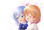  2girls ^_^ absurdres bangs blue_bow blue_bowtie blue_eyes blue_vest bow bowtie brown_hair closed_eyes collared_shirt eyebrows_visible_through_hair flower gochuumon_wa_usagi_desu_ka? hair_between_eyes hair_flower hair_ornament heart highres hoto_cocoa hug hug_from_behind kafuu_chino lens_flare long_hair long_sleeves looking_away mika_miche multiple_girls open_mouth pink_flower pink_vest portrait rabbit_house_uniform shiny shiny_hair shirt silver_hair sparkle sweatdrop vest wavy_mouth white_background white_shirt wing_collar x_hair_ornament yuri 