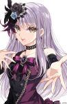1girl absurdres bang_dream! bangs black_choker black_feathers black_flower black_rose black_sleeves blue_flower blue_rose brown_eyes choker detached_sleeves earrings eyebrows_visible_through_hair eyelashes feather_hair_ornament feathers flower hair_flower hair_ornament highres jewelry long_hair looking_at_viewer minato_yukina misteor music outstretched_hand purple_feathers rose shiny shiny_hair silver_hair simple_background singing solo twitter_username upper_body very_long_hair white_background