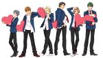  6+boys ;d ahoge arm_up bangs belt black_footwear black_hair black_pants blazer blonde_hair blue_eyes blue_jacket brown_hair carrying carrying_under_arm collared_shirt dress_shirt facing_viewer finger_to_mouth fujiyama_arashi glasses green_hair grey_hair habataki_academy_uniform hair_between_eyes hair_slicked_back hair_strand hand_in_pocket hand_on_own_chest heart holding index_finger_raised jacket konno_tamao legs_apart lineup long_sleeves looking_at_viewer looking_back male_focus multiple_boys necktie niina_junpei no_neckwear one_eye_closed open_clothes open_shirt pan_chira pants profile red_footwear red_necktie sakurai_kouichi sakurai_ruka school_uniform shirt shitara_seiji shoes short_hair shushing simple_background smile sneakers spiky_hair standing striped_necktie sweater tokimeki_memorial tokimeki_memorial_girl&#039;s_side tokimeki_memorial_girl&#039;s_side_3rd_story undershirt untucked_shirt walking white_background white_shirt 