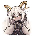  1girl :&lt; absurdres animal_ear_fluff animal_ears arknights bangs beeswax_(arknights) beudelb big_head black_jacket blush brown_eyes chibi closed_mouth commentary_request dress eyebrows_visible_through_hair flying_sweatdrops full_body hair_between_eyes head_tilt highres horns jacket korean_commentary long_hair long_sleeves looking_at_viewer open_clothes open_jacket solo standing tears very_long_hair white_dress white_hair wide_sleeves 