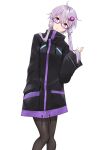  1girl absurdres ahoge bangs black_jacket black_legwear blush closed_mouth commentary drawstring eyebrows_visible_through_hair feet_out_of_frame glasses hair_between_eyes hair_ornament hand_in_pocket hand_up head_tilt highres jacket knees_together_feet_apart long_hair long_sleeves pantyhose purple-framed_eyewear purple_hair semi-rimless_eyewear simple_background sleeves_past_wrists solo under-rim_eyewear violet_eyes vocaloid voiceroid white_background wide_sleeves yuzuki_yukari zooanime 