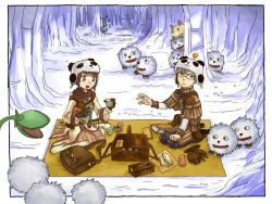  2boys :&lt; black_pants boots brown_capelet brown_eyes brown_gloves brown_hair brown_shirt capelet cave_interior closed_mouth creature cup food frown full_body gazeti gloves grey_boots holding holding_cup holding_thermos ice in-universe_location indoors long_sleeves looking_at_another male_focus multiple_boys muscipular open_mouth panda_hat pants picnic picnic_basket picnic_blanket plant ragnarok_online roween_(ragnarok_online) sage_(ragnarok_online) sandwich seno_kuin shirt short_hair siroma smile soul_linker_(ragnarok_online) striped_capelet thermos unworn_gloves venus_flytrap 