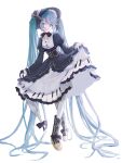  1girl absurdres aqua_eyes aqua_hair bonnet corset dress hatsune_miku highres juliet_sleeves long_sleeves michiki_kokuyou puffy_sleeves ribbon skirt_hold smile solo twintails vocaloid 