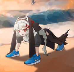  ? all_fours anger_vein arknights ascot beach belt belt_buckle black_belt black_dress black_hat blue_shoes buckle capelet clothing_cutout coif dress full_body garter_straps grey_ascot grey_capelet grey_hair hands_in_shoes hat highres irene_(arknights) italian_brainrot_ai_animals_(meme) kushaaaa4 long_hair looking_at_viewer meme nike_(company) nun pointy_hat red_eyes sharp_teeth shoes sneakers specter_(arknights) sunlight teeth thigh_cutout two-sided_fabric two-sided_headwear very_long_hair waves 