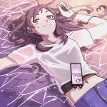  1girl absurdres beach black_tank_top brown_hair cellphone earphones earphones epitaph_(1122) highres idolmaster idolmaster_million_live! idolmaster_million_live!_theater_days kitazawa_shiho long_hair looking_at_viewer phone shirt shorts smartphone smile solo sunset tank_top water wet wet_clothes white_shirt yellow_eyes 