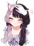  1girl ahoge animal_ear_fluff animal_ears bangs blue_bow blush bow brown_hair cat_ears closed_eyes closed_mouth commentary_request eyebrows_visible_through_hair facing_viewer fang fang_out hair_bow hair_ornament hairclip headpat heart keichan_(user_afpk7473) multicolored_hair nijisanji redhead shirt skin_fang smile solo_focus split-color_hair streaked_hair upper_body virtual_youtuber whiskers white_hair white_shirt yorumi_rena 
