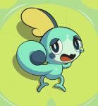  absurdres animal_focus blue_eyes blush_stickers bright_pupils commentary from_above full_body green_background highres inkune lily_pad looking_at_viewer looking_up lying no_humans on_stomach open_mouth pokemon pokemon_(creature) sobble solo tears wavy_mouth white_pupils 