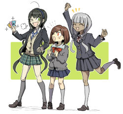  3girls :3 :d arm_up blue_skirt bow bowtie card cardigan chabashira_tenko closed_eyes collared_shirt danganronpa_(series) danganronpa_v3:_killing_harmony foot_up full_body green_skirt grey_background grey_cardigan grey_hair grey_socks holding holding_card kneehighs kumakoro_(tetsupag) long_hair long_sleeves mole mole_under_mouth multiple_girls neck_ribbon necktie notice_lines official_alternate_costume open_mouth orange_background outline plaid_clothes plaid_skirt pleated_skirt red_bow red_bowtie red_hair red_ribbon ribbon shirt short_hair simple_background skirt smile socks standing striped_necktie white_outline yonaga_angie yumeno_himiko 