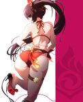  1girl :p absurdres amber_(genshin_impact) ass back backboob bare_shoulders bikini bow breasts brown_hair feet feet_up from_behind genshin_impact high_heels highres looking_back paw_print ponytail red_bikini red_bow strive-wch swimsuit thigh_strap tongue tongue_out vision_(genshin_impact) yellow_eyes 