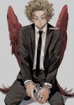  1boy artist_name bangs belt black_necktie blazer blood blood_on_clothes boku_no_hero_academia brown_hair commentary cuffs dress_shoes earrings facial_hair feathered_wings formal full_body goat_horns gradient gradient_background handcuffs hawks_(boku_no_hero_academia) horns jacket jewelry kadeart large_wings long_sleeves looking_at_viewer male_focus necktie nosebleed parted_bangs restrained ring shadow shirt short_hair short_sleeves simple_background solo spiky_hair squatting stubble suit thick_eyebrows v-shaped_eyebrows white_shirt wings yellow_eyes 