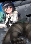  1girl ass bangs black_hair black_legwear blouse blue_sky blush brown_eyes commentary_request dappled_sunlight day feet from_behind frown girls_und_panzer green_skirt ground_vehicle hairband half-closed_eyes highres long_hair long_sleeves looking_at_viewer looking_back lying military military_vehicle motor_vehicle neckerchief nyx_(mebius_no_wa) on_stomach on_vehicle ooarai_school_uniform open_mouth outdoors panties panties_under_pantyhose pantyhose pleated_skirt reizei_mako sailor_collar school_uniform serafuku skirt sky soles solo sunlight tank thighband_pantyhose underwear white_blouse white_hairband white_sailor_collar 