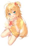  1girl :d absurdres akai_haato antenna_hair bangs barefoot blonde_hair blue_eyes blush cup eyebrows_visible_through_hair fang full_body hair_ornament hands_up heart heart_hair_ornament highres holding holding_cup hololive long_hair looking_at_viewer one_side_up orange_shorts shirt short_sleeves shorts simple_background sitting skin_fang smile solo uosaasou very_long_hair virtual_youtuber white_background yellow_shirt 