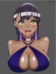  black_background black_hair breasts collar highres kenmaster17 large_breasts open_mouth original simple_background solo swimsuit teeth tongue yellow_eyes 
