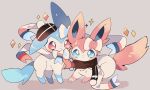  :3 alternate_color blue_eyes blush brown_scarf closed_mouth commentary_request grey_background hat hatted_pokemon highres no_humans pokemon pokemon_(creature) scarf shiny_pokemon smile standing sylveon tam_o&#039;_shanter toes yupo_0322 