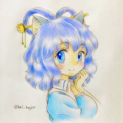  1girl animal_ears artist_name bangs blue_eyes blue_hair cat_ears cropped_torso eyebrows_visible_through_hair hair_ornament hair_rings hair_stick hand_up highres kaku_seiga kemonomimi_mode looking_at_viewer q-bee_(aaru) smile solo touhou traditional_media upper_body 