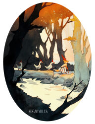  1boy animal artist_name autumn bird border cane commentary day english_commentary fantasy forest fox full_body furry goose highres holding nature original outdoors owlyjules plant pointy_hat rock scenery standing tree tree_trunk_bridge white_border 