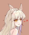  1girl :d absurdres animal_ear_fluff animal_ears arknights bangs bare_shoulders blush brown_background chinese_commentary commentary_request eyebrows_visible_through_hair haibaogujidui heart highres long_hair looking_at_viewer platinum_(arknights) portrait silver_hair simple_background smile solo yellow_eyes 