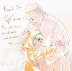  1girl an_dres_art blue_eyes blue_hair cassock christianity closed_eyes commentary cross cross_necklace crying english_commentary english_text highres hug jewelry jubilee_2025 long_sleeves luce_(jubilee_2025) necklace old old_man pope pope_francis raincoat real_life robe sad short_hair smile white_hair white_robe zucchetto 