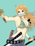  1girl alternate_universe artist_request bare_shoulders belt bikini bikini_top brown_eyes denim eyelashes happy highres holding holding_sword holding_weapon jeans katana long_hair nami_(one_piece) navel one_piece orange_hair pants simple_background smile solo source_request standing swimsuit sword wavy_hair weapon 