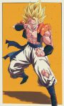  1boy abs arm_up baggy_pants biceps blonde_hair blue_footwear blue_sash boots border bracer bure_(fantasticyouth7) clenched_hands collarbone commentary_request dragon_ball dragon_ball_z full_body gogeta green_eyes hand_up highres looking_at_viewer male_focus metamoran_vest muscular muscular_male one_eye_closed open_clothes open_mouth open_vest orange_background outside_border pants pectorals sash scratches simple_background solo spiky_hair standing super_saiyan super_saiyan_1 teeth tongue torn_clothes torn_pants v-shaped_eyebrows vest white_border white_pants 