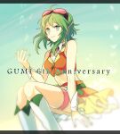  1girl akiyoshi_(tama-pete) anniversary bare_shoulders eyewear_on_head green_eyes green_hair gumi hand_up midriff short_hair sitting sleeveless smile solo thigh_strap vocaloid wrist_cuffs 